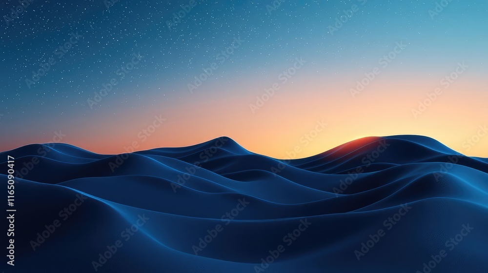 Poster Sparkle abstract background concept. Serene abstract landscape with smooth blue waves and a colorful dawn sky.