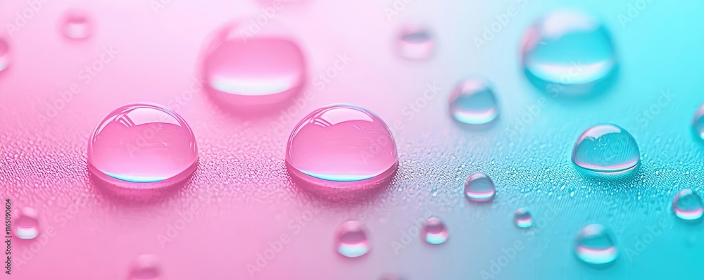 Poster Droplets abstract background idea. Close-up of colorful water droplets on a gradient surface, showcasing vibrant hues.