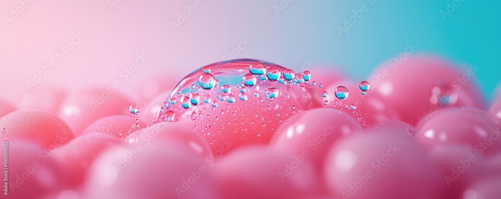 Poster Droplets abstract background idea. Close-up view of a bubble resting on soft pink foam with vibrant blue background.