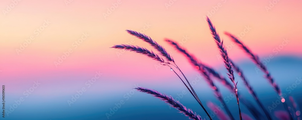 Poster droplets abstract background idea. soft grass swaying gently against a pastel sunset sky, creating a