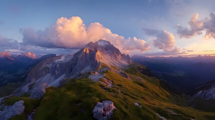 An alpine landscape panorama captures the evening beauty of Herzogstand Mountain.