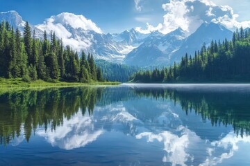 Fototapeta premium Tranquil Alpine Lake Reflecting Majestic Mountains Under a Clear Sky With Fluffy Clouds in the Afternoon