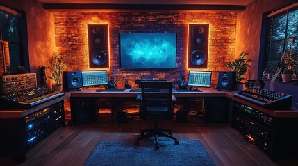 Modern Music Studio Setup With Brick Wall And Ambient Lighting