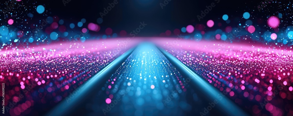Poster Sparkle abstract background concept. A vibrant abstract digital road illuminated by colorful lights and particles.