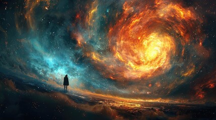 A cosmic scene depicting a figure standing before a swirling galaxy, evoking wonder.