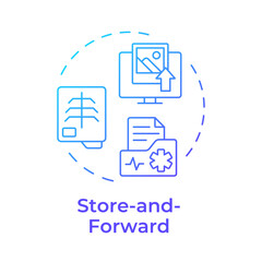 Store and forward blue gradient concept icon. Asynchronous telemedicine data collecting. Telehealth treatment. Round shape line illustration. Abstract idea. Graphic design. Easy to use in booklet