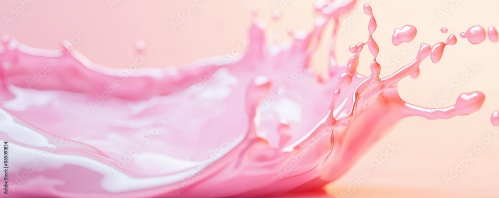 Poster Droplets abstract background idea. Close-up of vibrant pink liquid splash on soft gradient background.