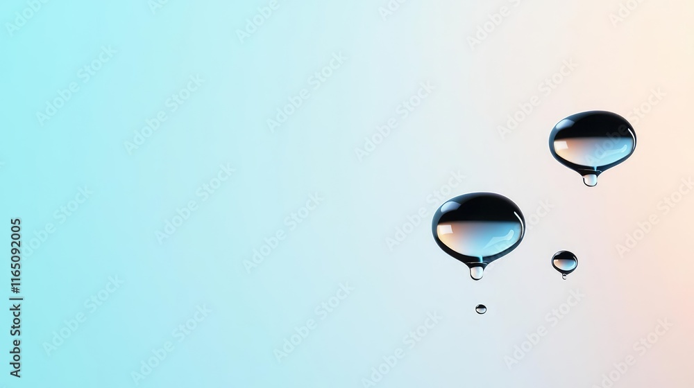 Poster Droplets abstract background idea. Close-up of water droplets on a soft gradient background, capturing freshness and purity.