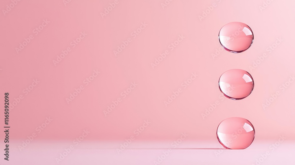 Poster droplets abstract background idea. three pink drops elegantly positioned on a soft pink background.