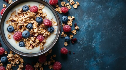 Yogurt parfait with granola, raspberries, and blueberries in a bowl.