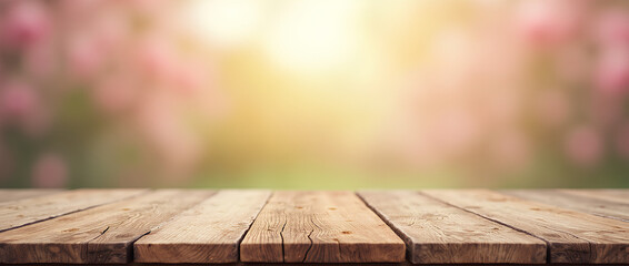 empty wooden table with blurred spring background