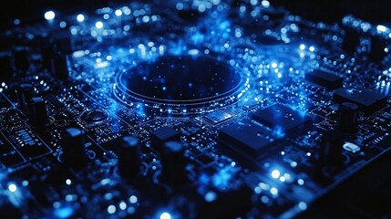 Pulsing blue circuits on a black circuit board in rhythmic harmony