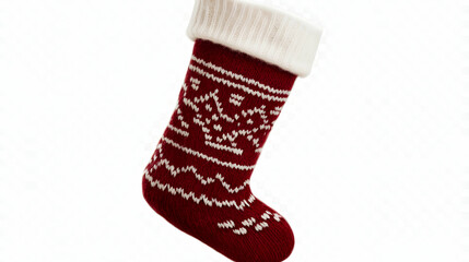 A pair of knitted socks in blue and red with a striped pattern on a white background