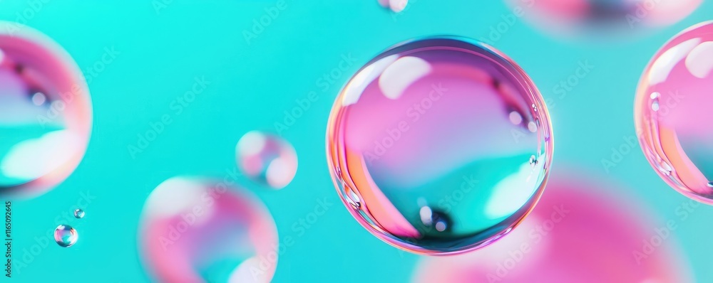 Poster droplets abstract background idea. colorful soap bubbles floating against a vibrant blue and pink ba