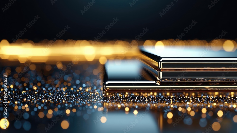 Poster sparkle abstract background concept. shiny metallic surfaces reflecting golden lights in a dark atmo