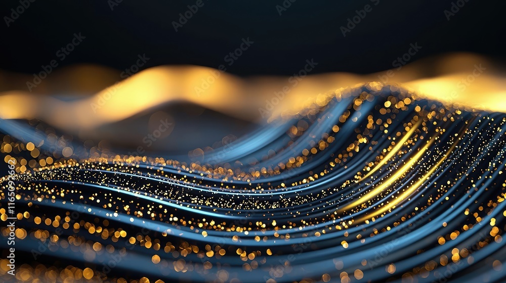 Poster Sparkle abstract background concept. Abstract waves with shimmering golden lights on a dark background, evoking depth and movement.