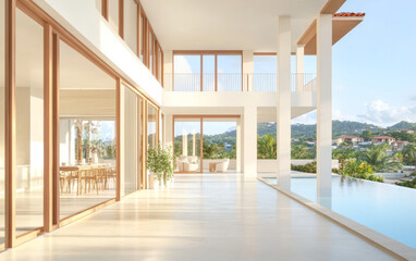 Fototapeta premium Modern villa interior with panoramic views and open space overlooking lush landscape