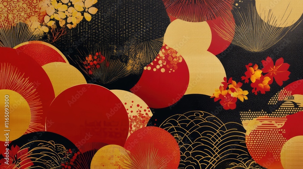 Poster chinese new year patterns with abstract, overlapping shapes in red and gold tones, creating a festiv