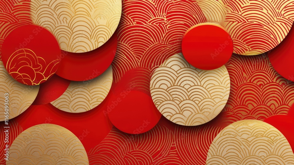 Poster chinese new year patterns with abstract, overlapping shapes in red and gold tones, creating a festiv
