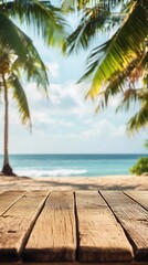 Wooden floor with sea view and coconut tree on the background.