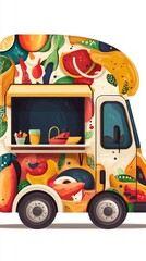 Vibrant Food Truck Design. Fresh Colorful Fruits and Vegetables. Mobile Food Stand. Healthy and Delicious Food. Summertime Picnic.