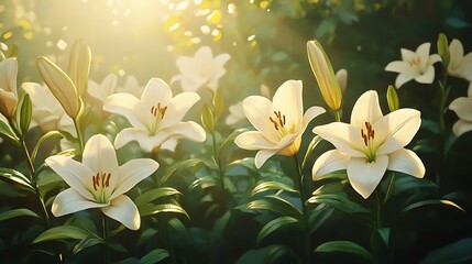 Obraz premium A peaceful garden scene featuring soft sunlight streaming through evergreen branches, casting dappled light on sprouting lilies, vibrant greens, and white petals, intricate details and sharp textures,