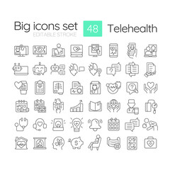 Telehealth technology linear icons set. Access to online services for patients. Consultation via chatbots. Customizable thin line symbols. Isolated vector outline illustrations. Editable stroke