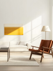 Fototapeta premium Modern living room with minimalist design featuring sunlight and warm colors