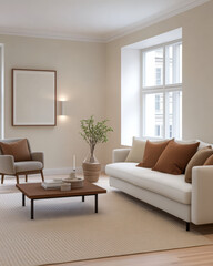 Fototapeta premium Cozy living room design with neutral tones and minimalistic furniture for modern aesthetics