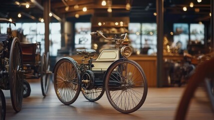 Fototapeta premium Antique tricycle automobile in a vintage car showroom.