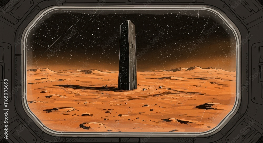 Poster mysterious monolith on mars seen from a spaceship window at night