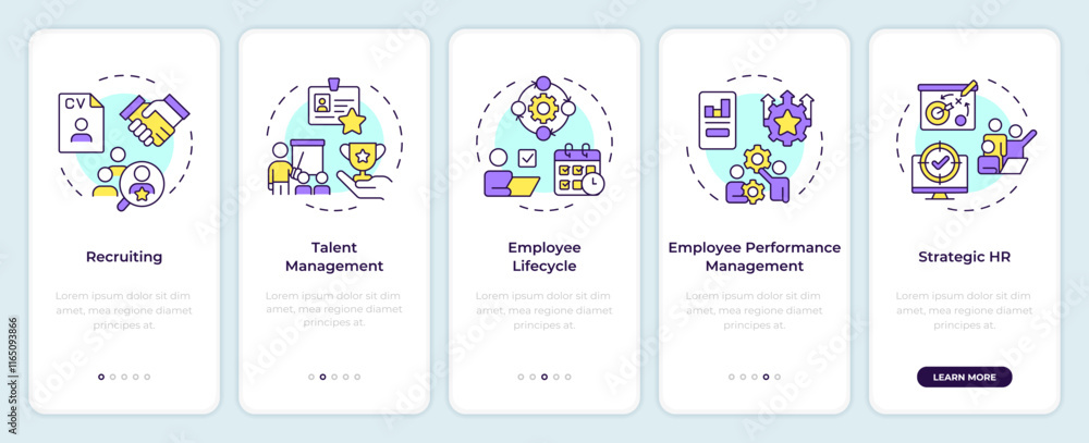 Poster hr process onboarding mobile app screen. management. walkthrough 5 steps editable graphic instructio