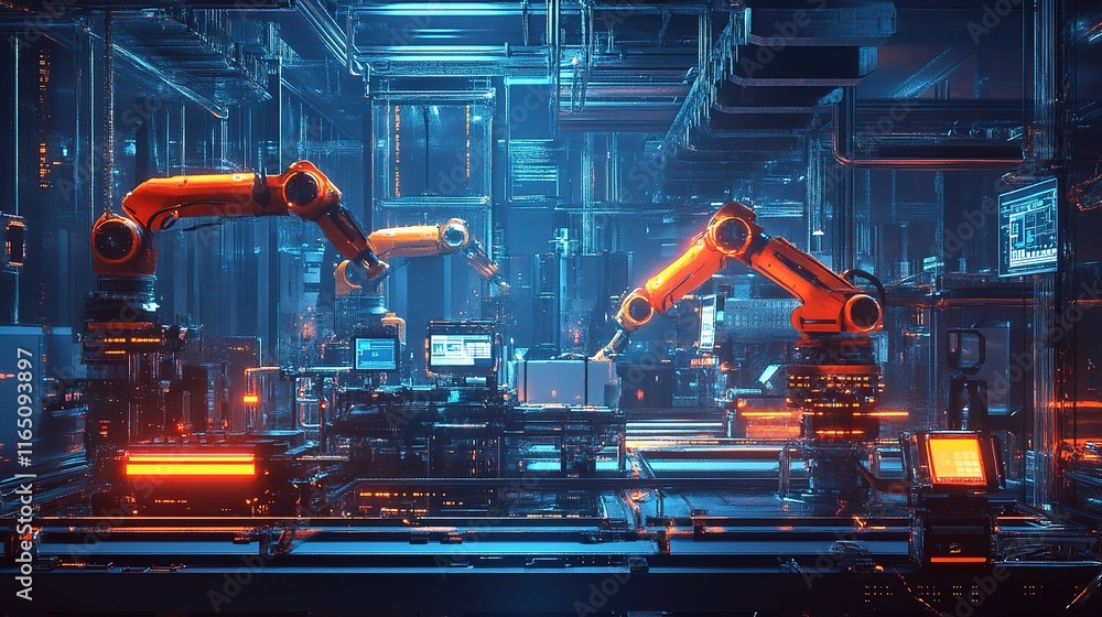 Poster smart factory digital hologram with interconnected robots and systems