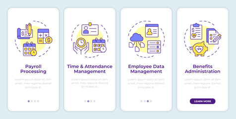 HRIS onboarding mobile app screen. HR information system. Walkthrough 4 steps editable graphic instructions with linear concepts. UI, UX, GUI template. Montserrat SemiBold, Regular fonts used