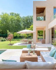 Obraz premium Modern outdoor living space with pool and lounge area in sunny garden setting