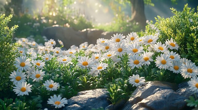 A picturesque garden bed featuring evergreen foliage surrounding clusters of blooming daisies, soft sunlight creating a warm glow over the scene, crisp details of the flowers and greenery,