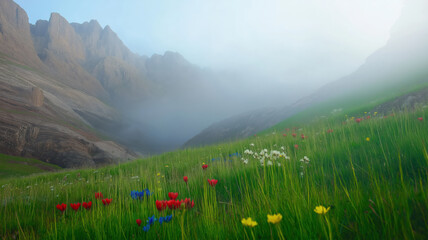Obraz premium Misty mountain meadow with wildflowers