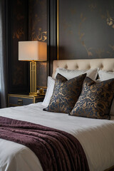 Bedroom Interior with Beige Headboard, Dark Pillows, and Gold Lamp