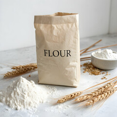  Board with paper bag and spoon of buckwheat flour on table
