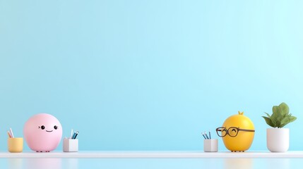 Cute cartoon characters with plants and stationery on a desk.