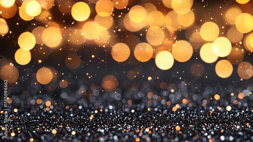 Poster Sparkle abstract background concept. A beautiful background of shimmering golden bokeh lights on a dark surface.