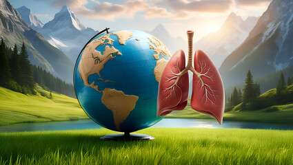 World Organ Day, Human Lungs with World Globe, world tuberculosis day, COPD lung cancer, air pollution, organ donation concept, Generative Ai