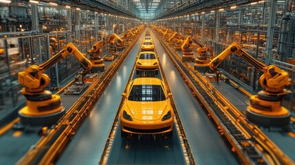 A modern automotive assembly line featuring yellow cars and robotic arms.