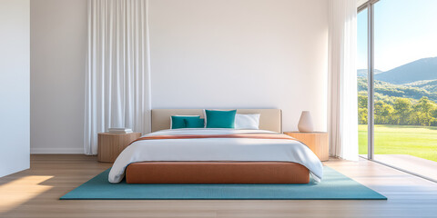 Fototapeta premium Modern bedroom design with panoramic view and natural light at a tranquil location