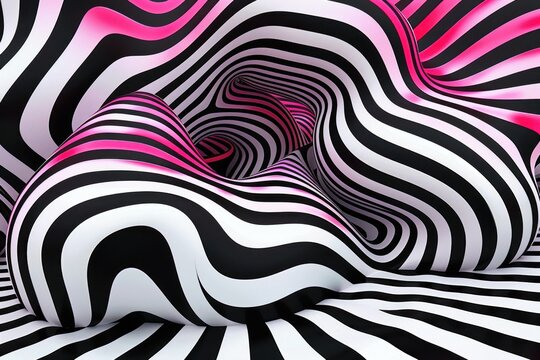Abstract pink and black hypnotic wavy striped 3D illustration.