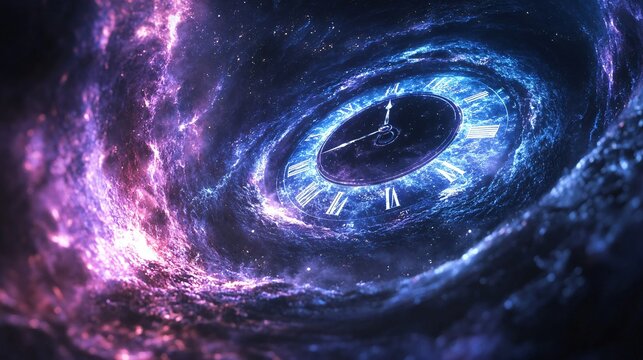 Time ripples forming around a futuristic clock floating in the void