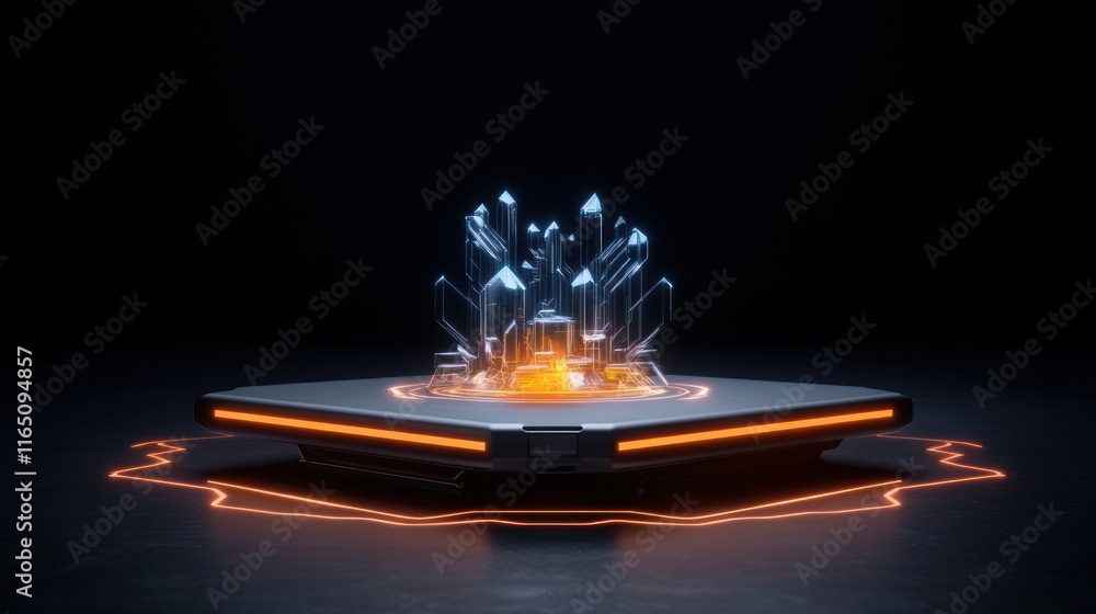 Poster futuristic display featuring crystalline structures on a glowing base.