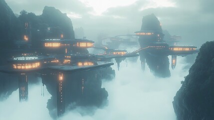 A peaceful, floating city above the clouds, with glowing pathways