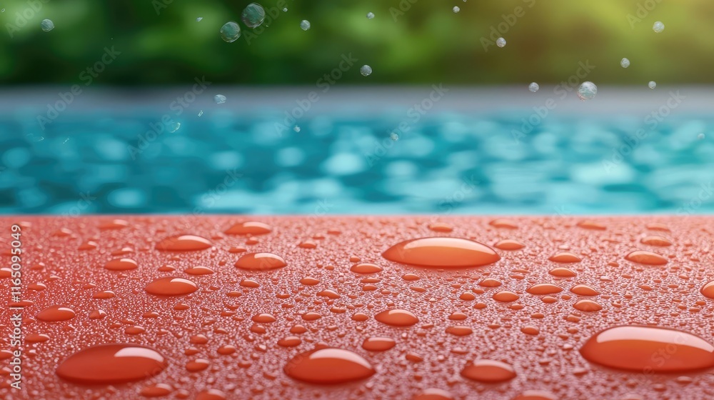 Poster droplets abstract background idea. close-up of water droplets on a vibrant surface near a serene swi