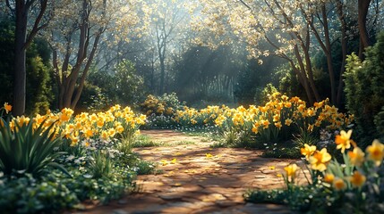 Obraz premium A picturesque spring garden bed with evergreens and golden daffodils, sunlight casting delicate shadows on the ground, vibrant natural colors and intricate textures,